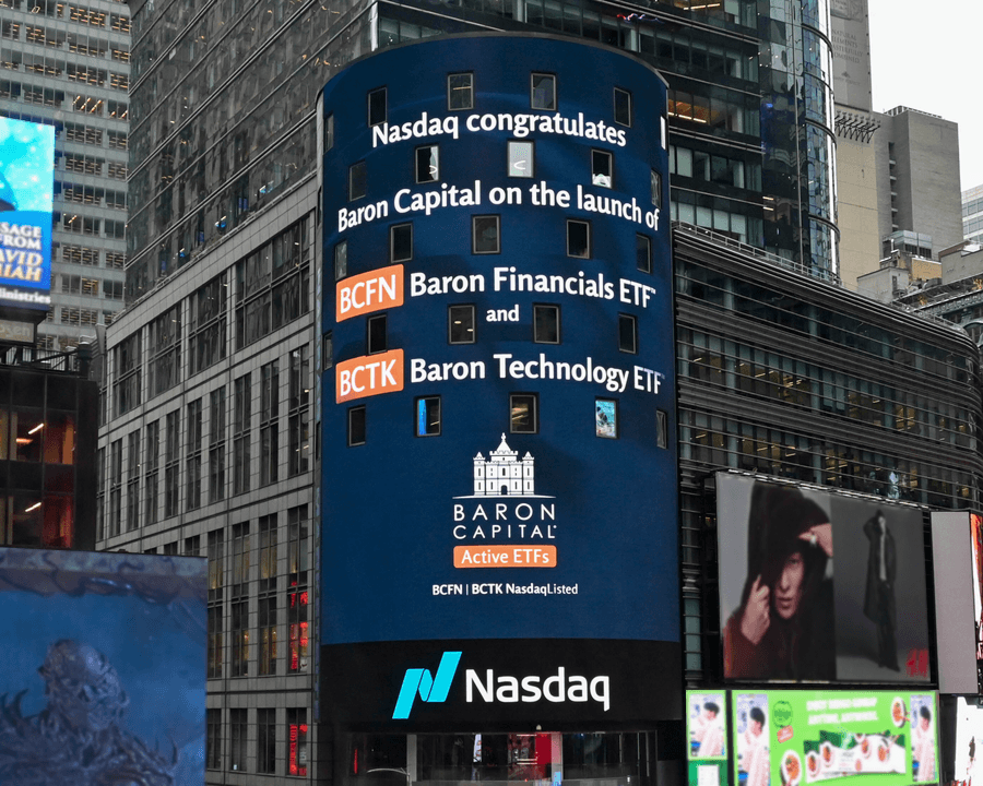 NASDAQ tower in Times Square featuring Baron Active ETF Launch