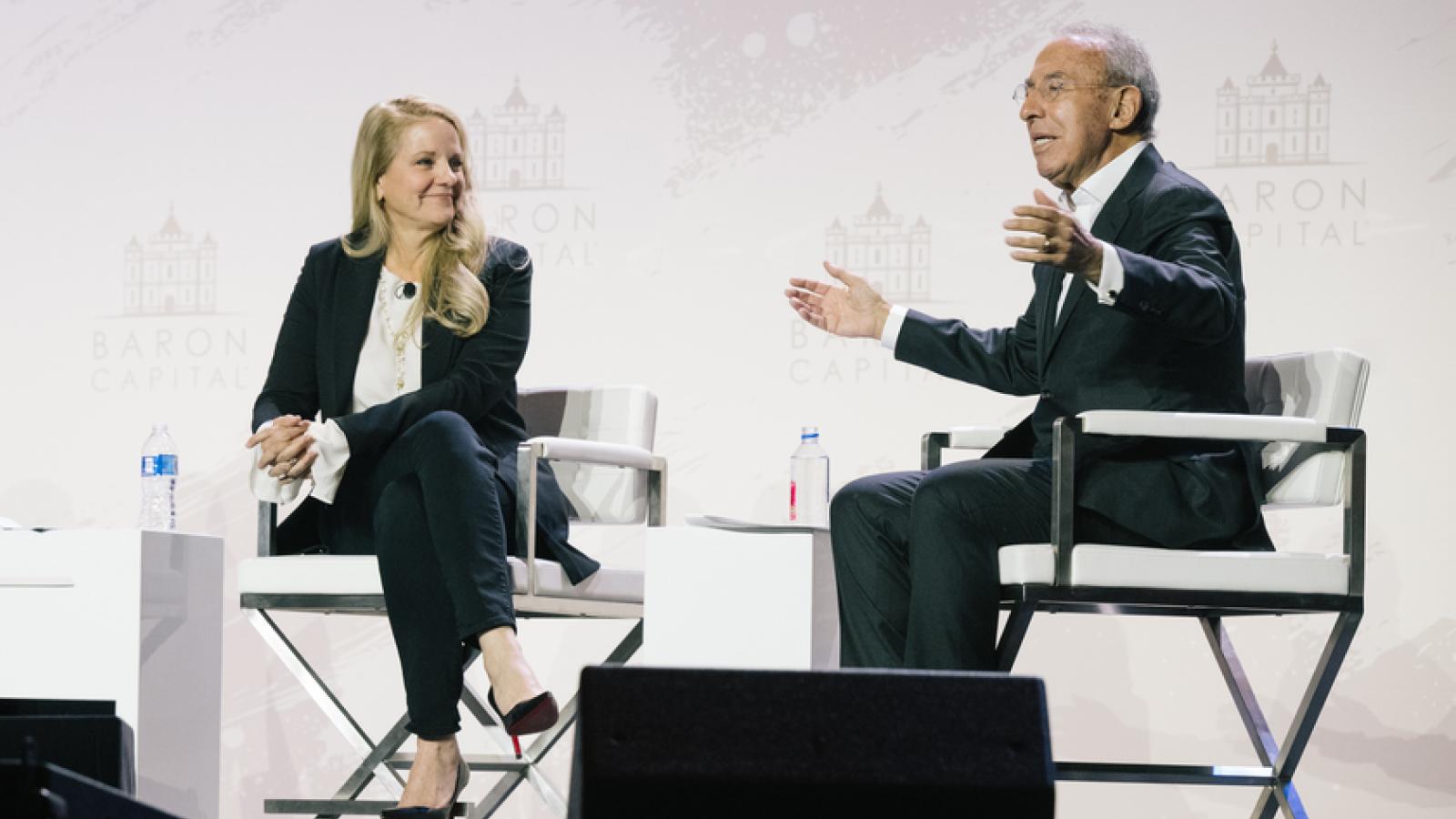 Gwynne Shotwell, President and COO of SpaceX on stage with Ron Baron at the 31st Annual Baron Investment Conference